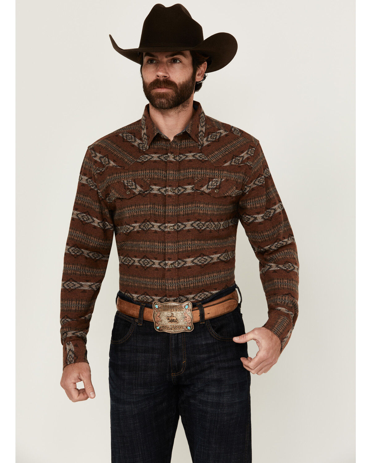 Image #1 - Cody James Men's Resource Southwestern Striped Long Sleeve Snap Western Shirt, Rust Copper, hi-res