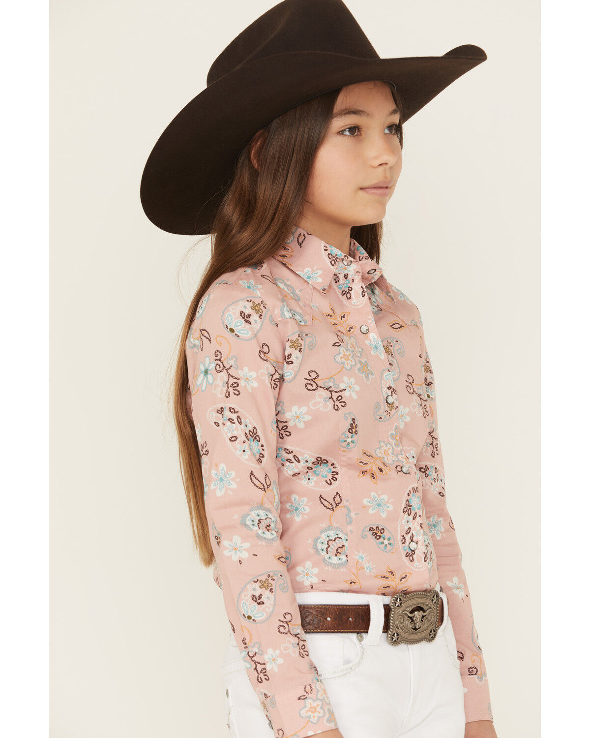 Image #3 - Cruel Girl Girls' Printed Long Sleeve Rhinestone Snap Western Shirt, Pink, hi-res