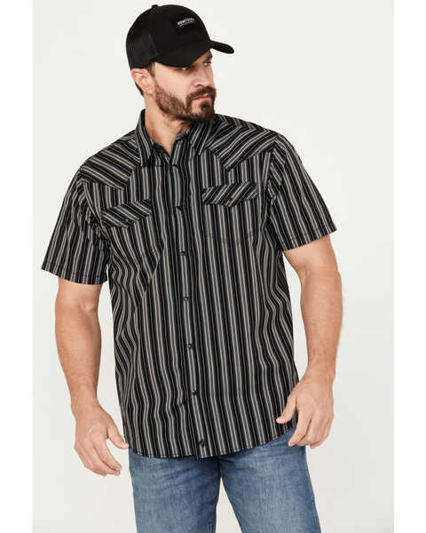 Image #1 - Moonshine Spirit Men's Capone Striped Short Sleeve Western Snap Shirt, Black, hi-res