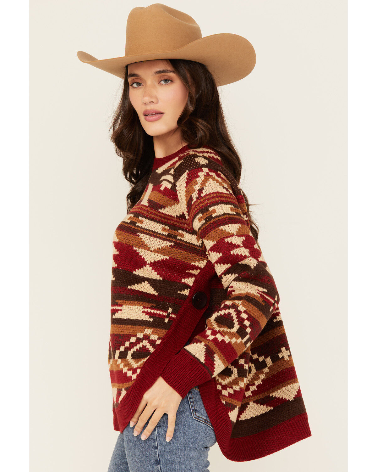 Image #1 - Cotton & Rye Women's Southwestern Print Button Sweater, Burgundy, hi-res