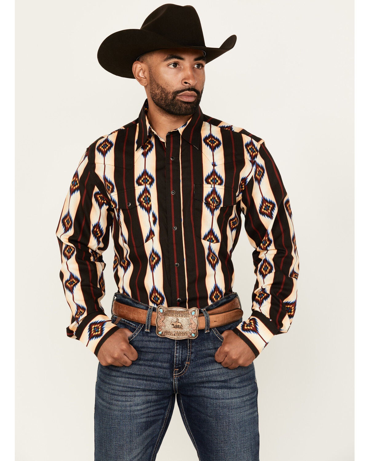 Wrangler Men's Checotah Southwestern Striped Long Sleeve Snap Western Shirt, Black, hi-res