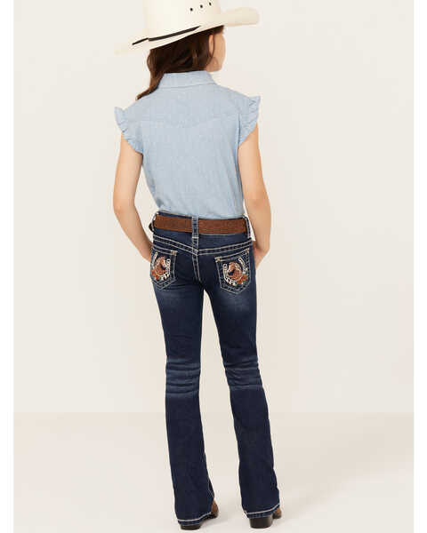 Image #3 - Shyanne Little Girls' Dark Wash Horseshoe Pocket Bootcut Stretch Denim Jeans , Medium Wash, hi-res
