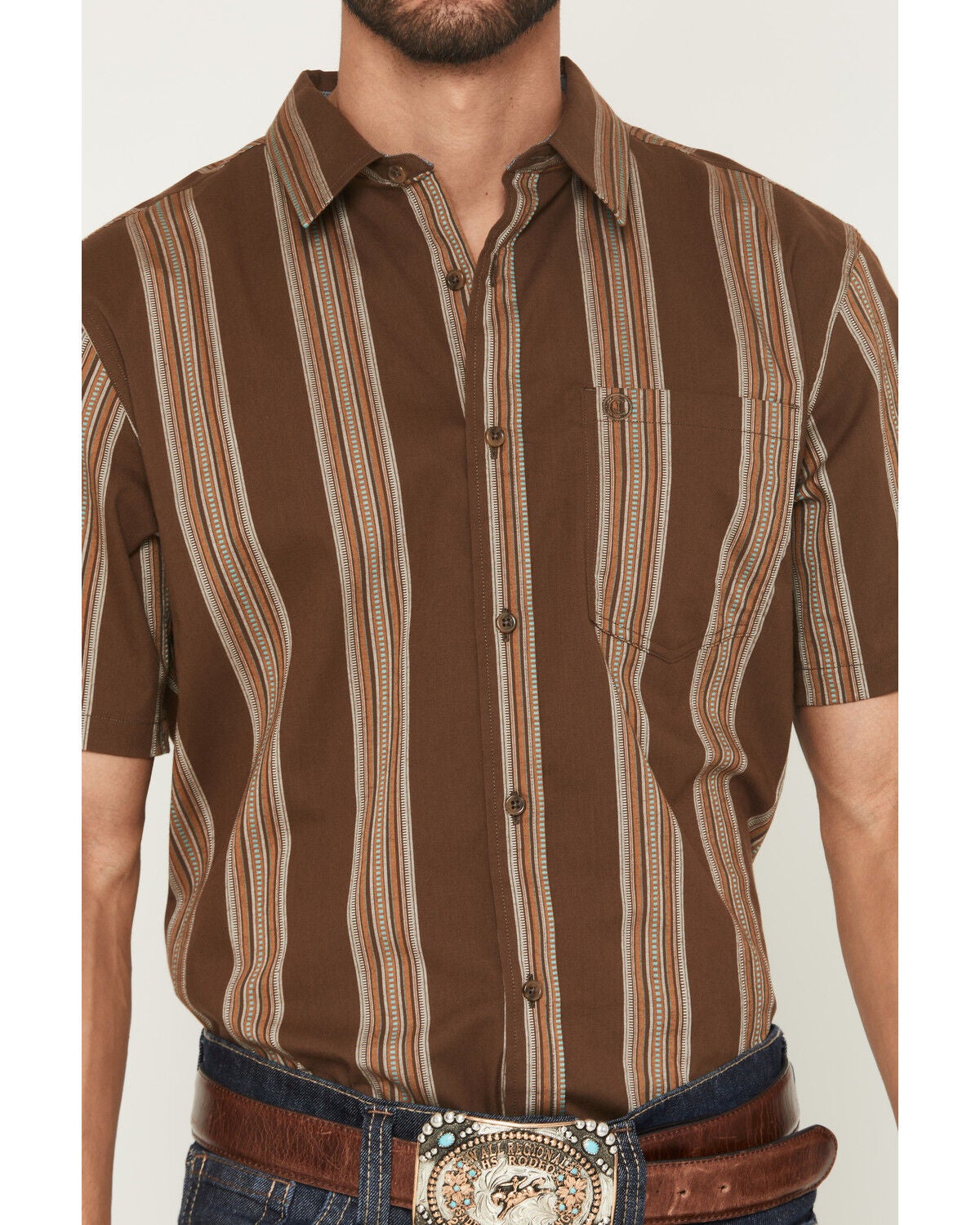 Image #3 - Cody James Silas Stripe Print Short Sleeve Button-Down Stretch Western Shirt, Brown, hi-res