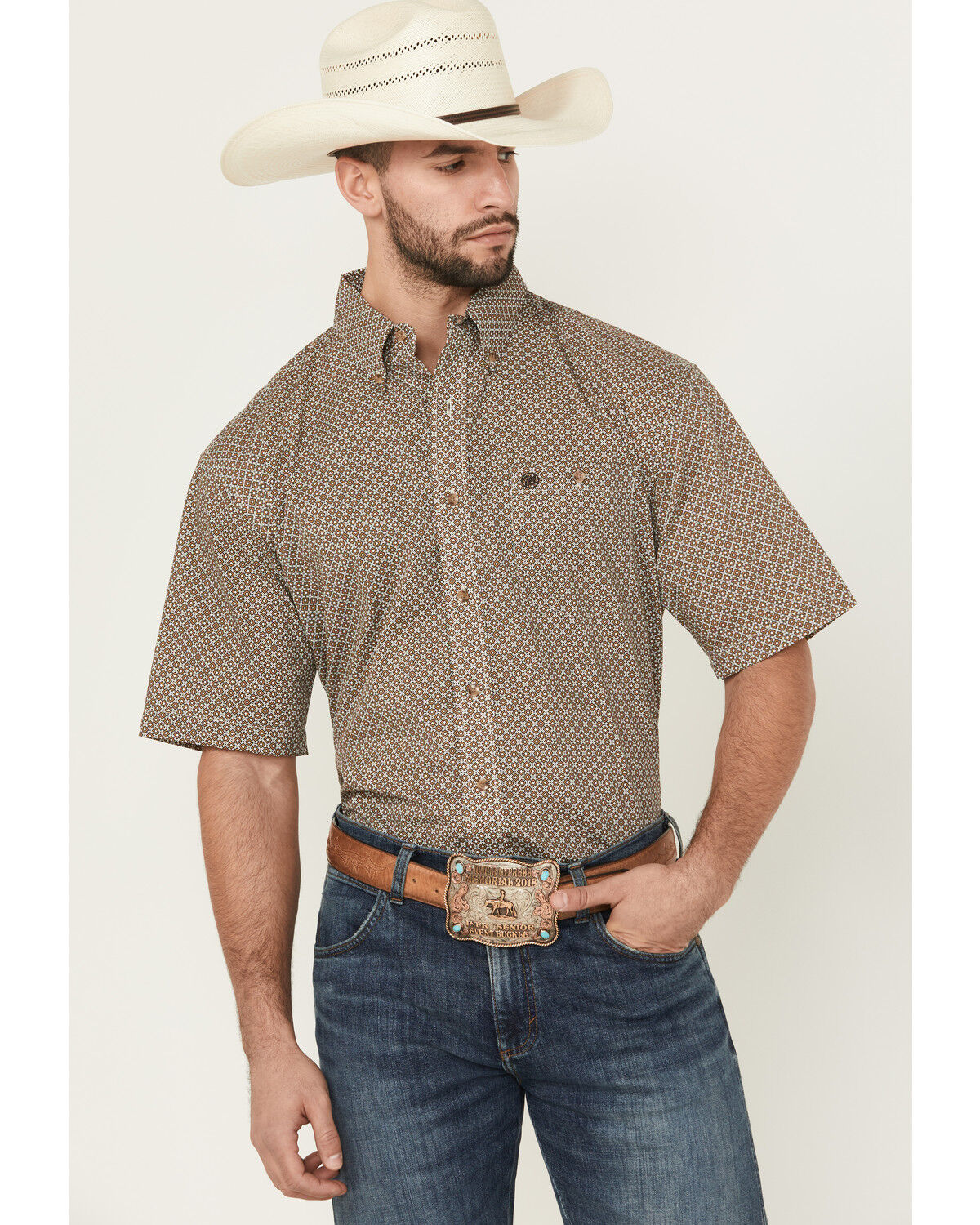 Image #1 - Wrangler Men's Geo Print Short Sleeve Button-Down Stretch Western Shirt, Brown, hi-res