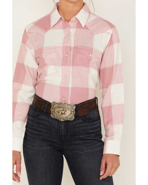 Image #3 - Wrangler Women's Buffalo Check Print Long Sleeve Western Flannel Pearl Snap Shirt, Blush, hi-res