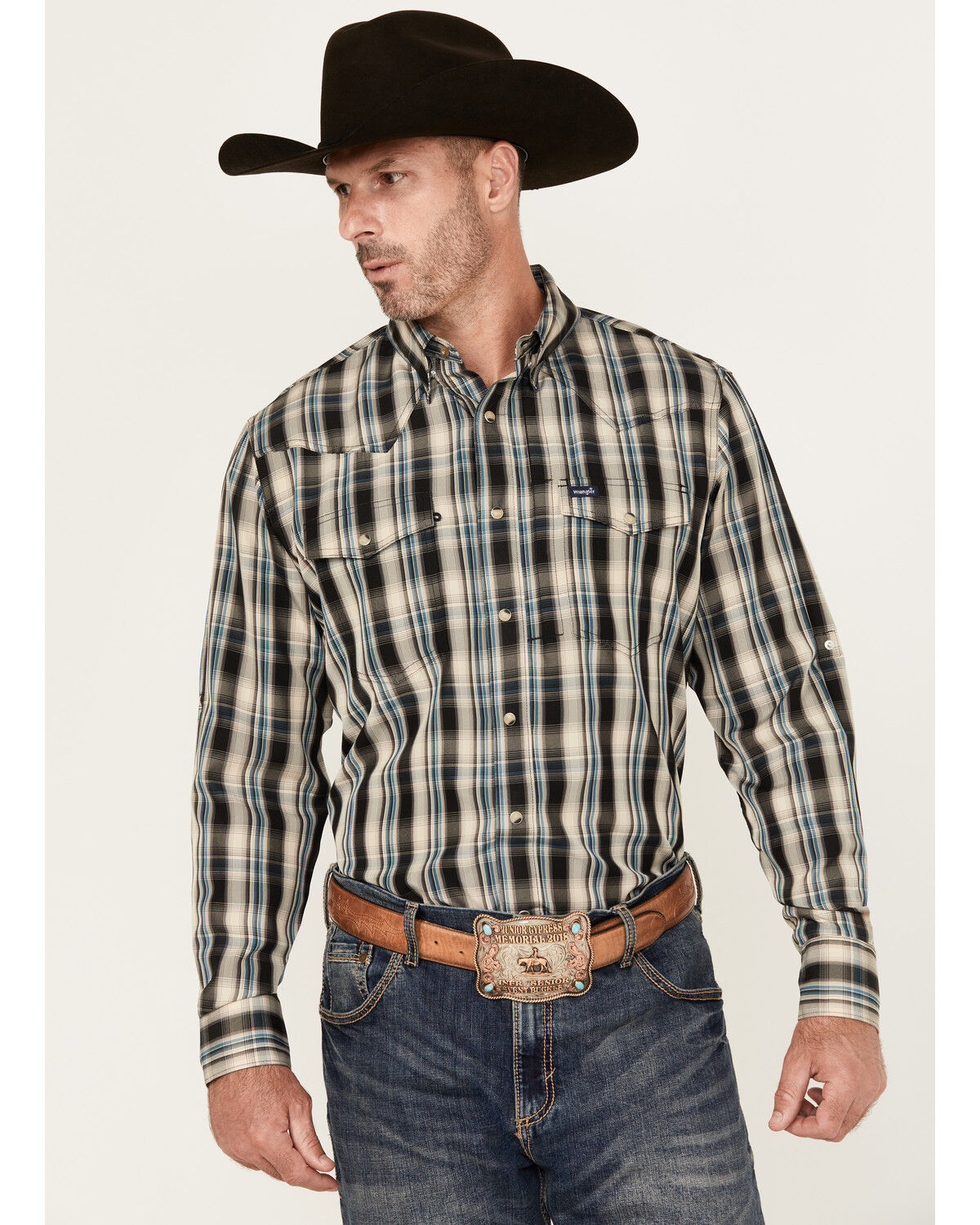 Image #1 - Wrangler Men's Plaid Print Long Sleeve Snap Performance Western Shirt, Black, hi-res