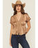 Image #1 - Shyanne Women's Satin Lace Trim Short Sleeve Button-Down Shirt, Coffee, hi-res