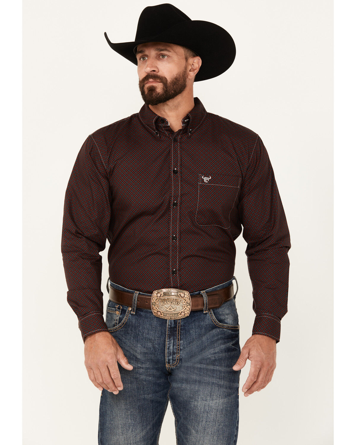 Image #1 - Cowboy Hardware Men's Geo Print Long Sleeve Button-Down Western Shirt, Burgundy, hi-res