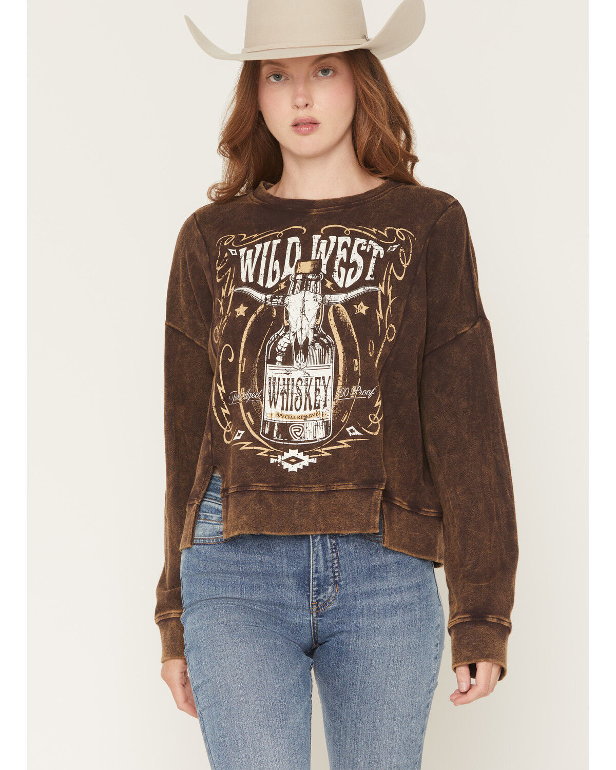 Image #1 - Rock & Roll Denim Women's Wild West Whiskey Pullover Sweatshirt, Brown, hi-res