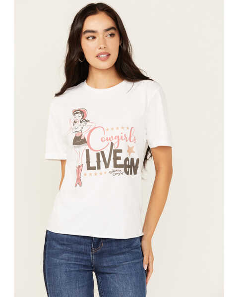 Image #1 - Bohemian Cowgirl Women's Cowgirls Live On Short Sleeve Cropped Graphic Tee, White, hi-res