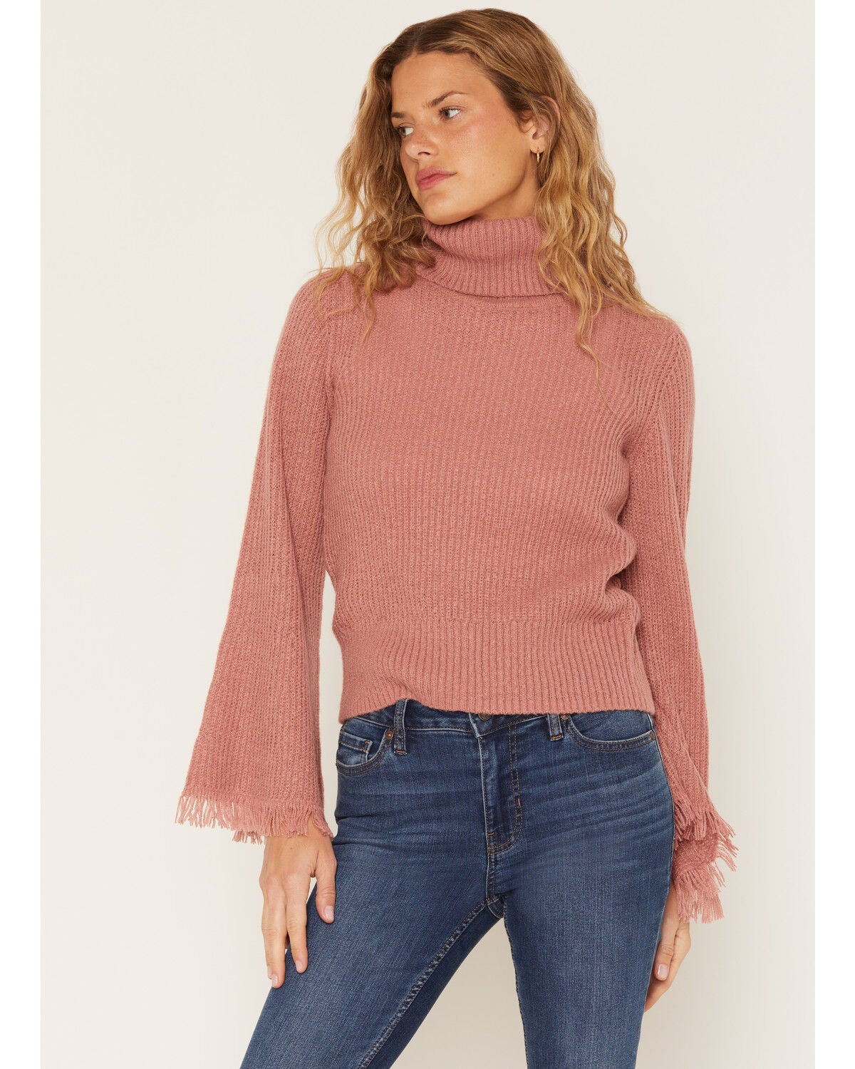 Shyanne Women's Solid Bell Sleeve Turtleneck Sweater, Rose, hi-res