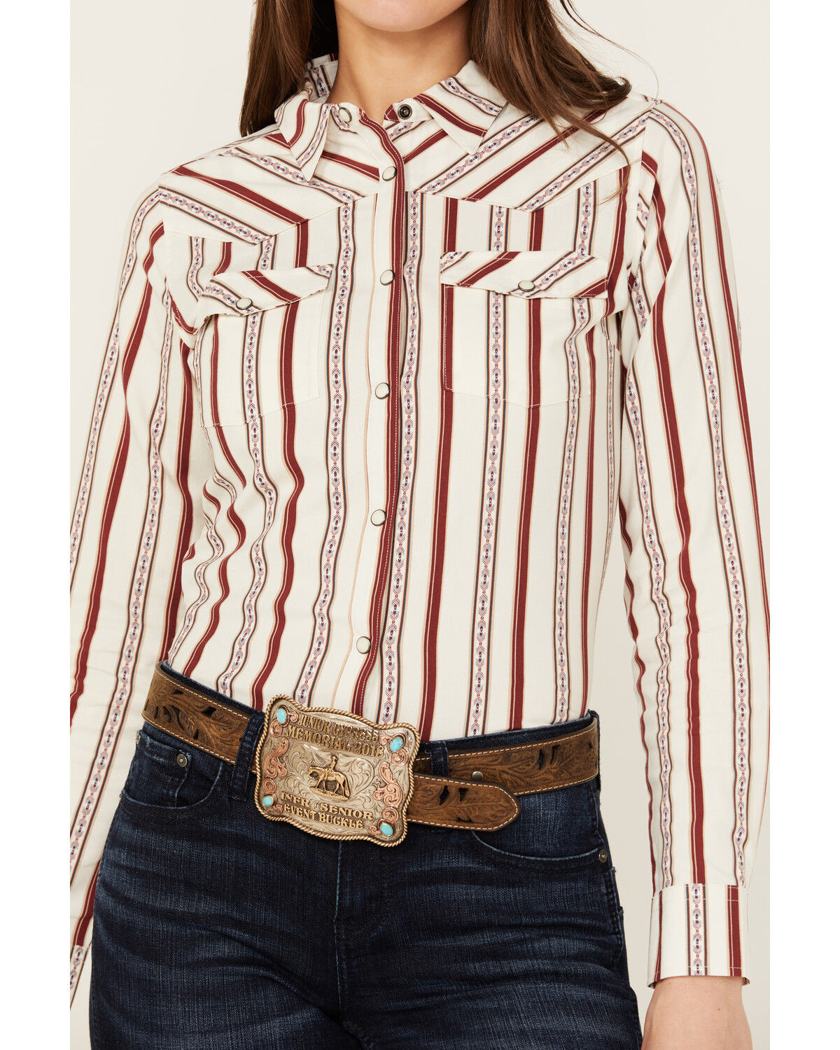 Image #3 - Shyanne Women's Rocksprings Striped Long Sleeve Snap Western Shirt, Brick Red, hi-res