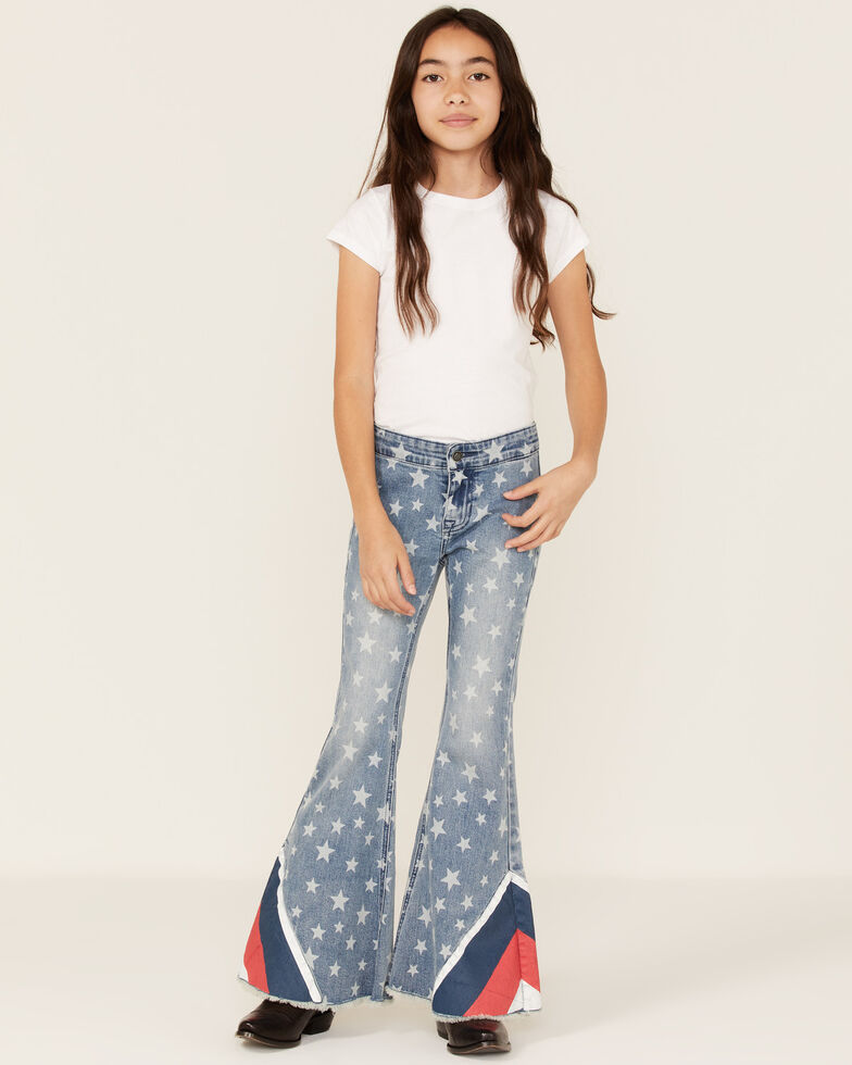 Rock & Roll Denim Girls' Star Print Striped Panel Medium Wash Flare Jeans, Medium Wash, hi-res