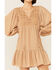 Flying Tomato Women's Long Sleeve Ruffle & Crochet Mini Dress, Tan, hi-res