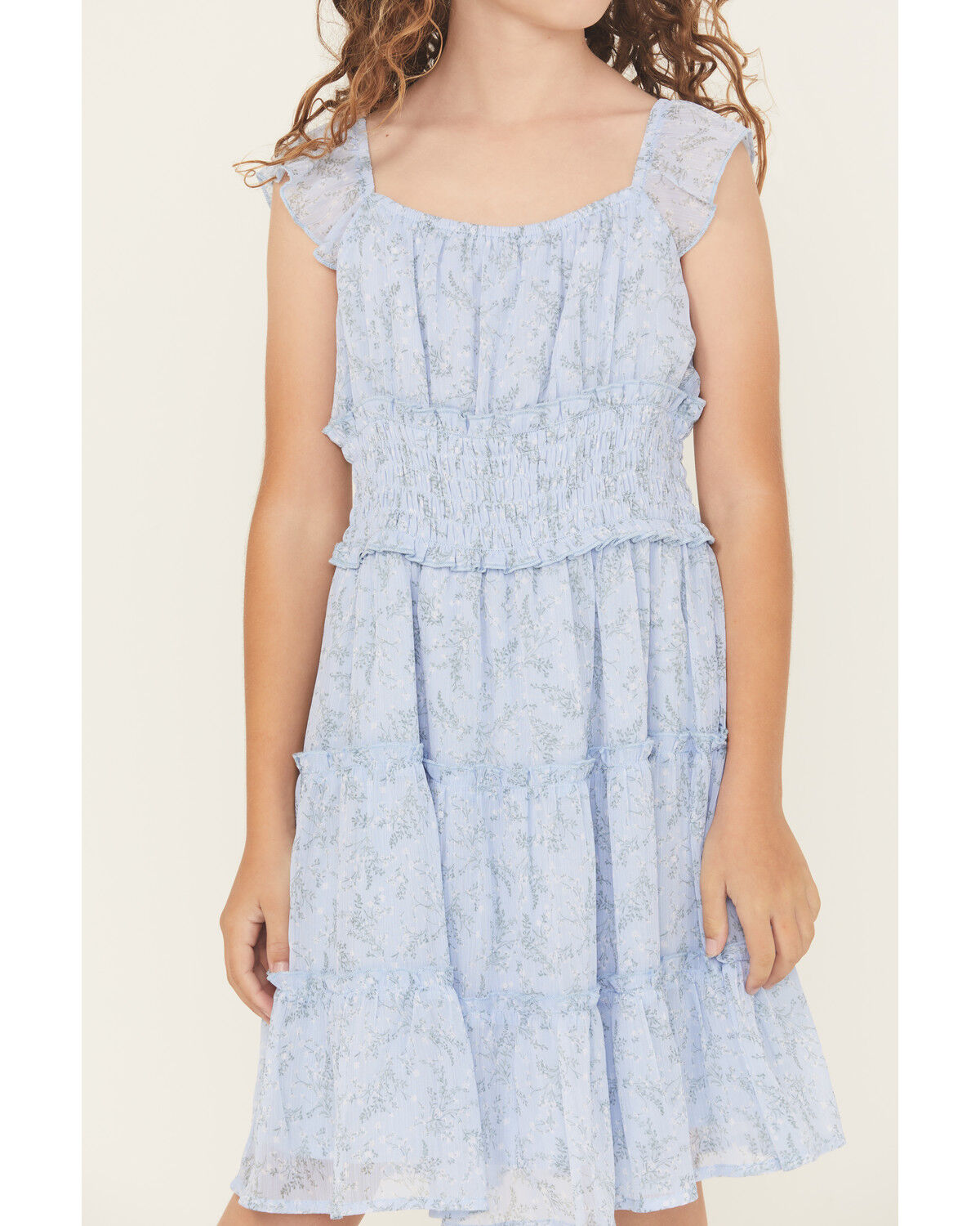 Image #3 - Ash & Violet Girls' Floral Print Ruffle Sleeve Dress, Blue, hi-res