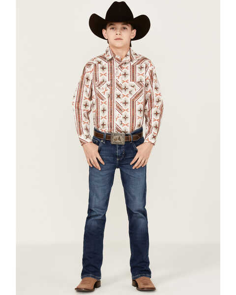 Rock & Roll Denim Boys' Southwestern Stripe Print Long Sleeve Stretch Western Snap Shirt, Natural, hi-res