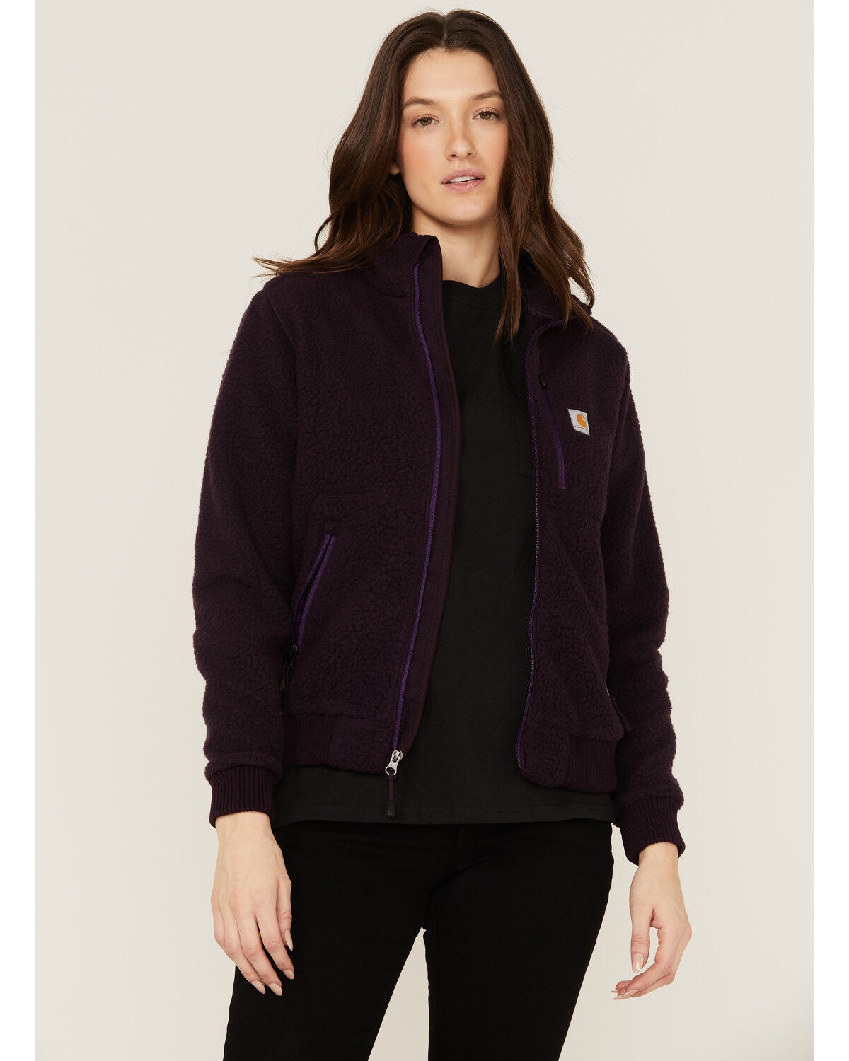 Carhartt Women's Solid Purple Relaxed Fit Zip-Front Sherpa Fleece Work Jacket, Plum, hi-res