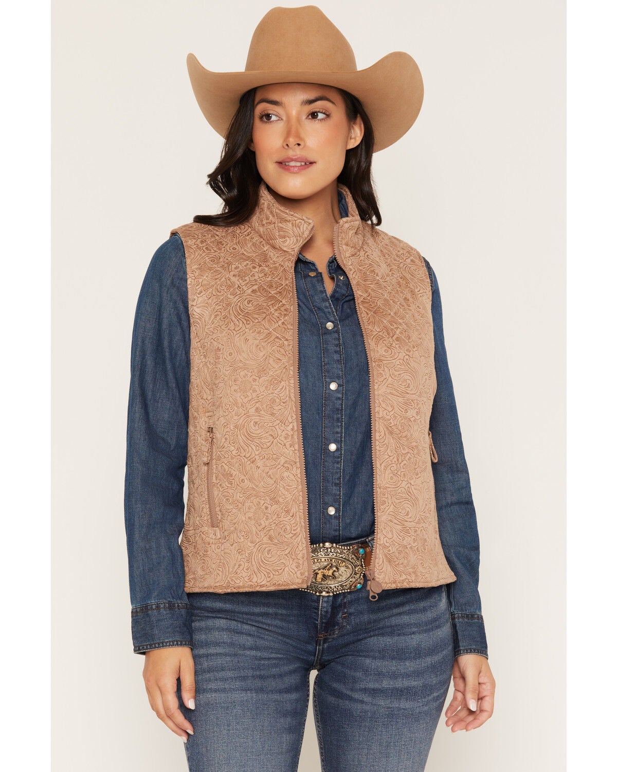 Image #1 - Outback Trading Co Women's Wilona Tooled Print Quilted Vest, Tan, hi-res