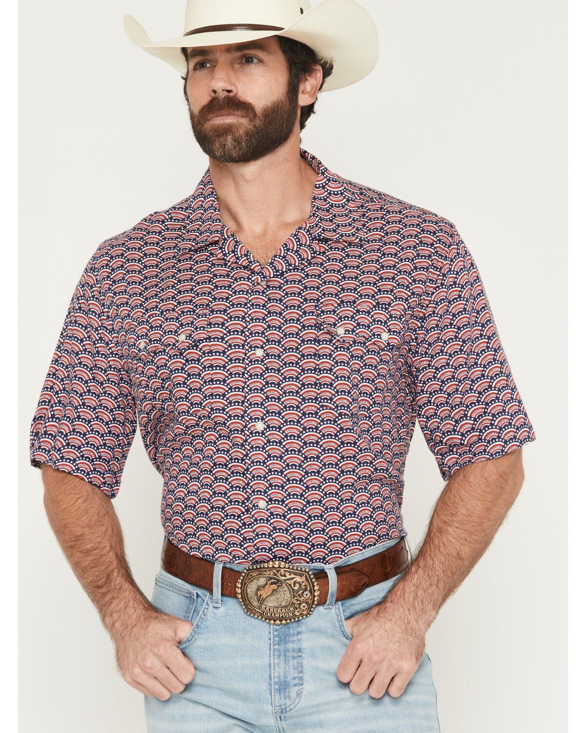 Wrangler Men's Coconut Cowboy Conversation Print Short Sleeve Snap Western Shirt, Red, hi-res