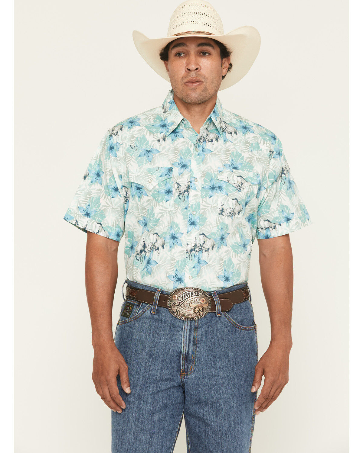 Image #1 - Ely Walker Men's Hawaiian Horse Print Short Sleeve Snap Western Shirt, Cream, hi-res