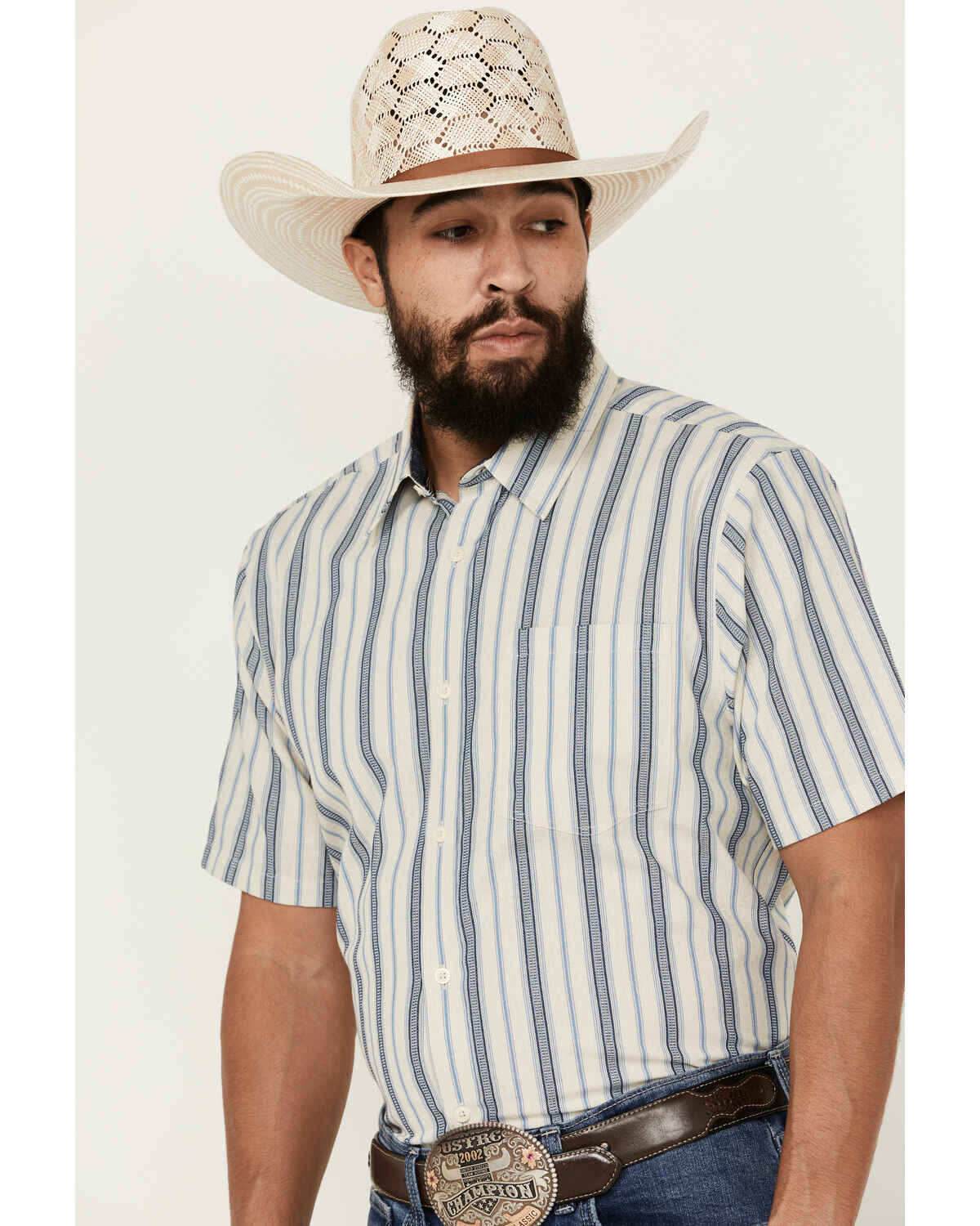 Image #2 - Cody James Men's Gunsmoke Dobby Striped Button-Down Short Sleeve Western Shirt, Cream, hi-res