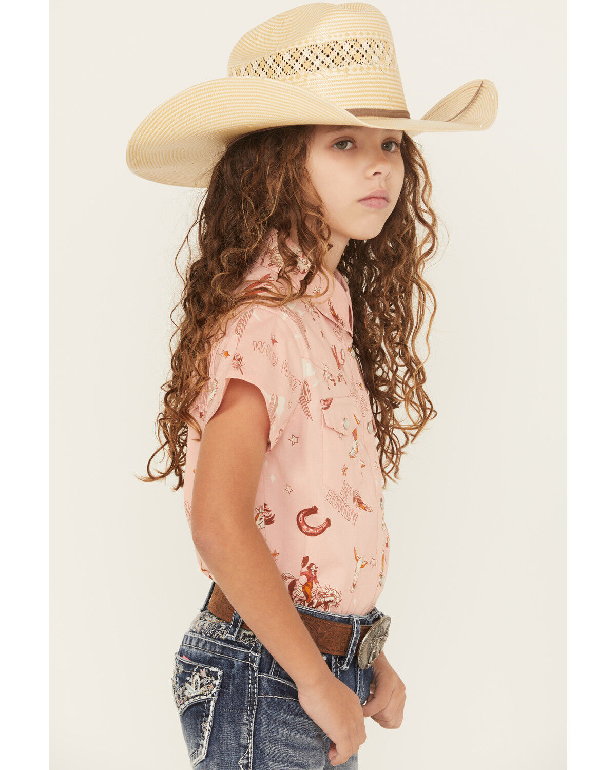 Image #2 - Shyanne Girls' Conversational Print Fringe Short Sleeve Snap Stretch Western Shirt, Light Pink, hi-res