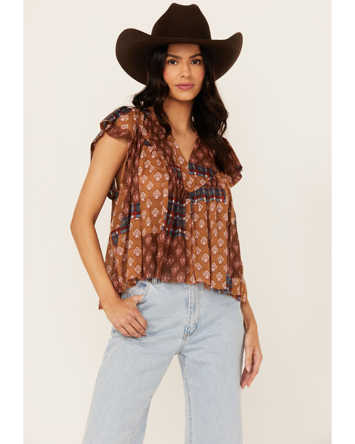 Image #1 - Cleo + Wolf Women's Bogota Patchwork Printed Blouse, Brandy Brown, hi-res
