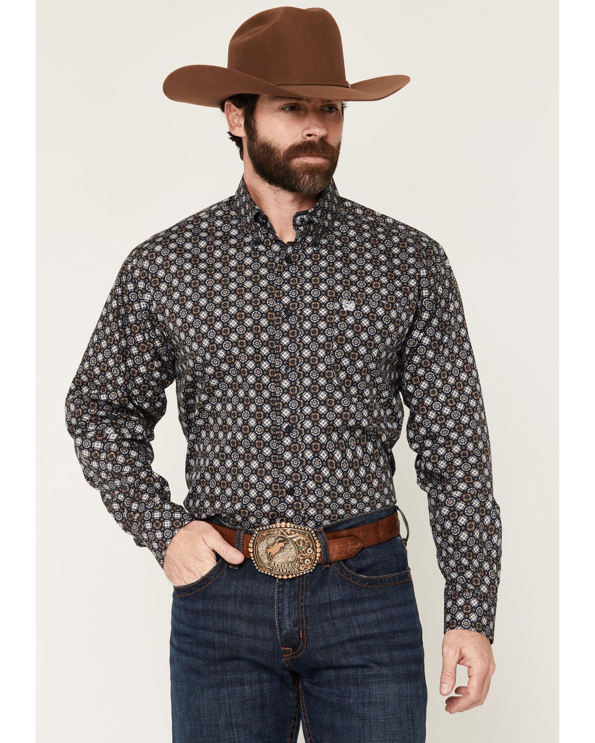Cinch Men's Geo Print Long Sleeve Button-Down Western Shirt, Navy, hi-res