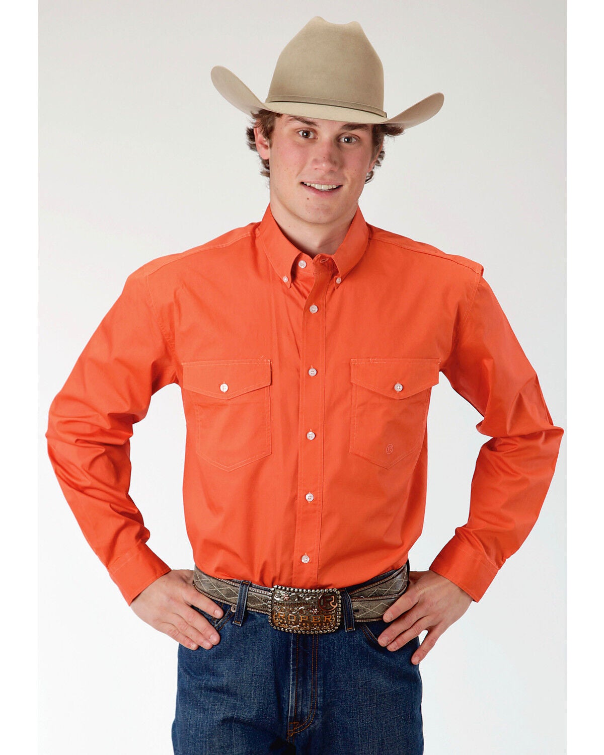 Roper Men's Solid Long Sleeve Button Down Western Shirt, Orange, hi-res