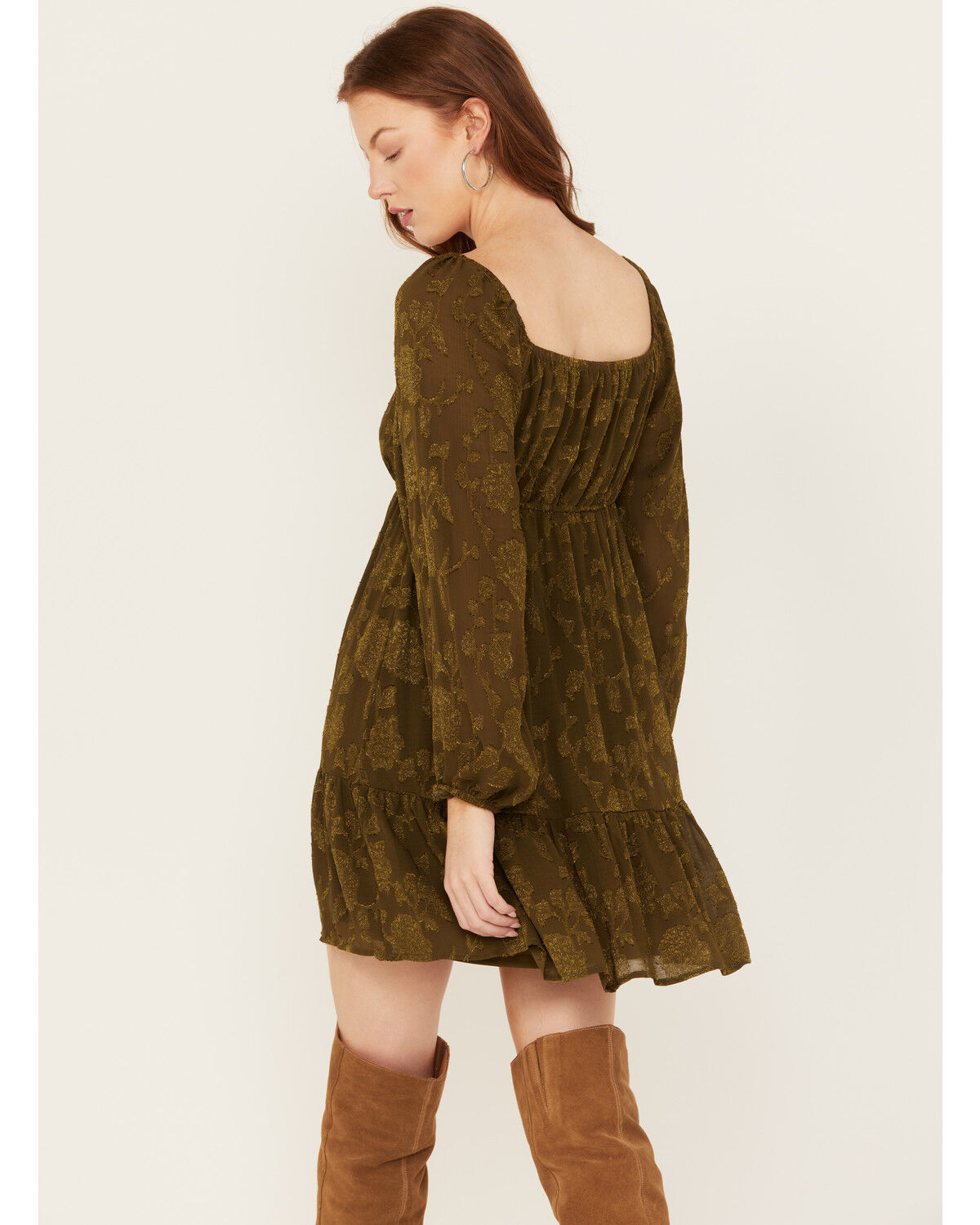 Image #4 - Jolt Women's Jacquard Long Sleeve Mini Dress, Olive, hi-res
