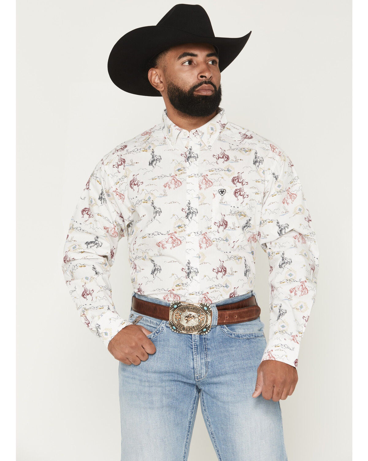 Image #1 - Ariat Men's Tabor Cowboy Print Long Sleeve Button-Down Western Shirt, White, hi-res