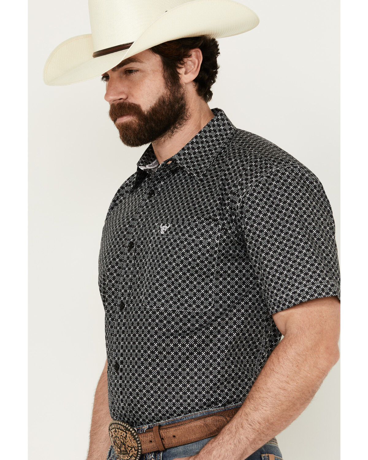 Image #2 - Cowboy Hardware Men's Geo Floral Print Short Sleeve Button-Down Western Shirt, Black, hi-res