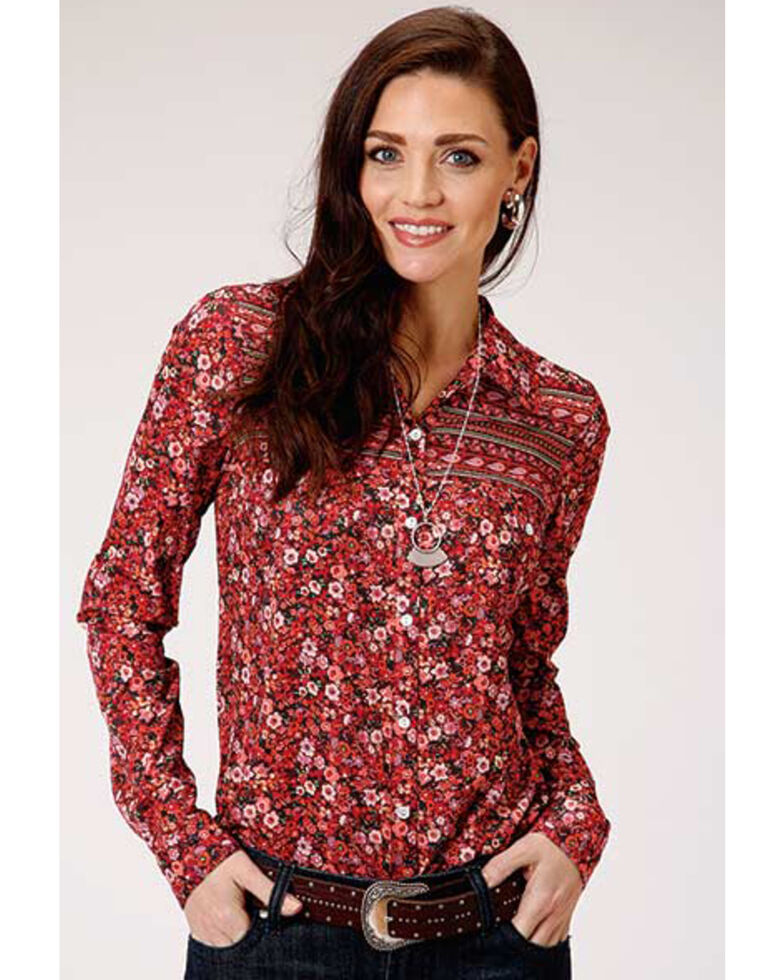 Roper Women's Prairie Fire Long Sleeve Western Shirt, Red, hi-res
