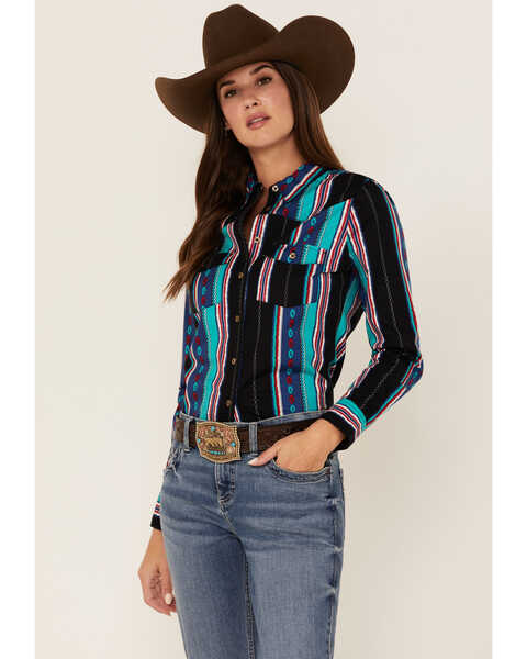 RANK 45® Women's Stipple Southwestern Striped Long Sleeve Button-Down Western Riding Shirt, Turquoise, hi-res