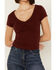 Image #3 - Shyanne Women's V Neck Short Sleeve Stretch Knit Top , Brown, hi-res