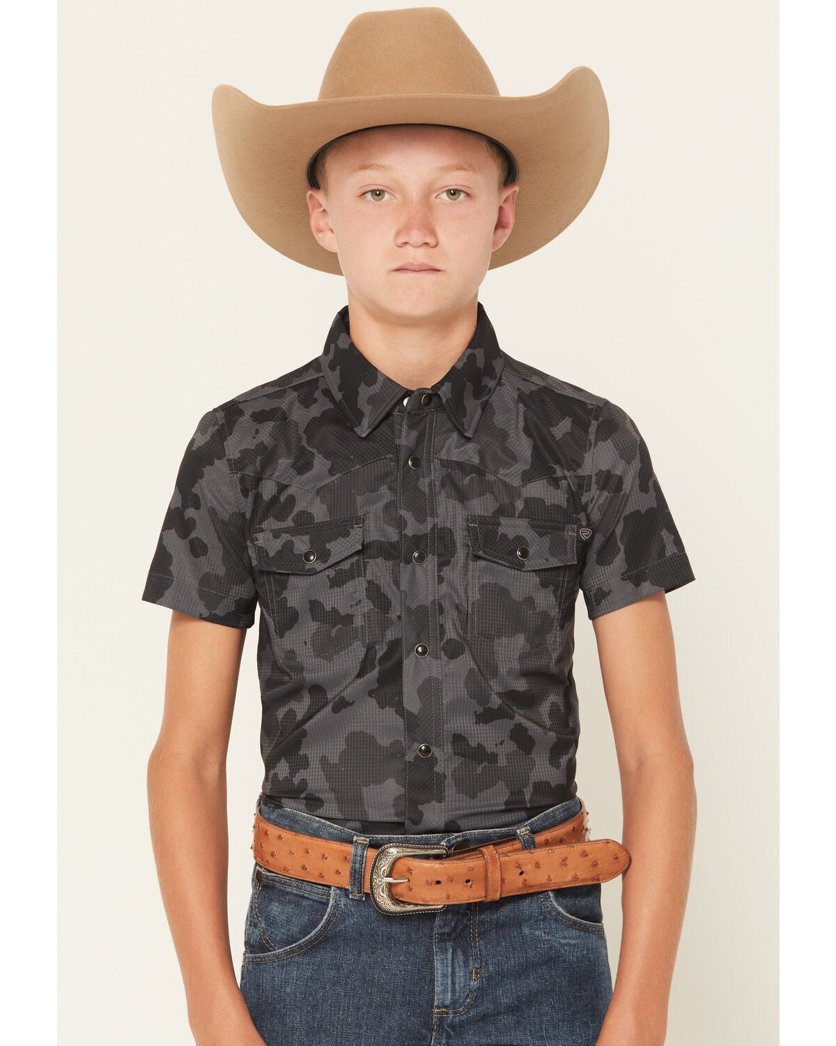 Image #1 - Rock & Roll Denim Boys' TEK Camo Print Short Sleeve Snap Western Shirt, Black, hi-res
