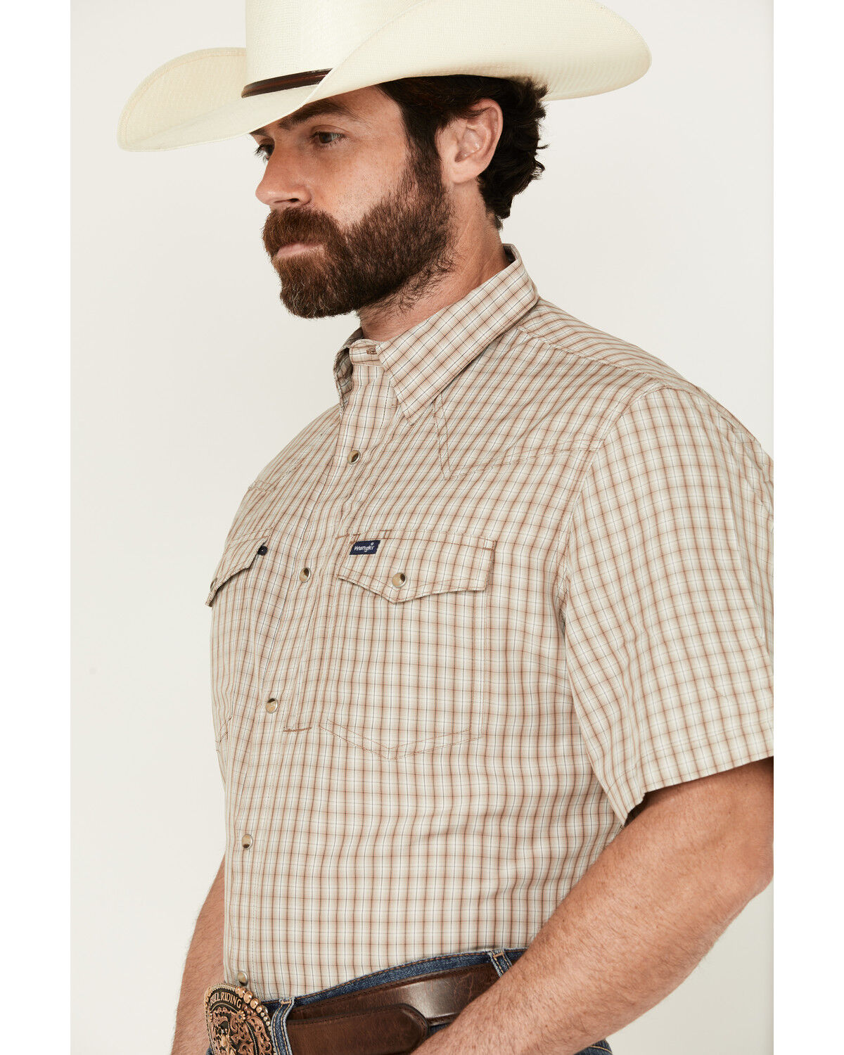 Image #2 - Wrangler Men's Plaid Print Short Sleeve Snap Performance Western Shirt, Tan, hi-res