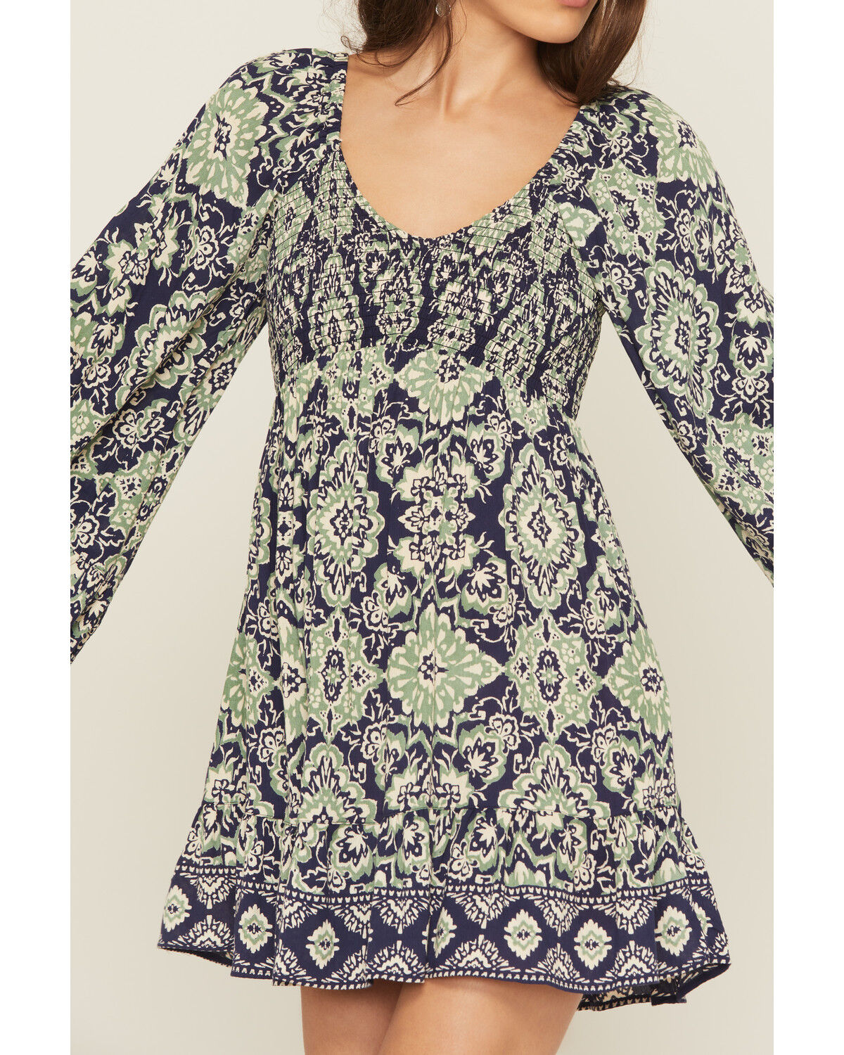 Image #3 - Angie Women's Geo Print Long Sleeve Smocked Front Mini Dress, Blue, hi-res