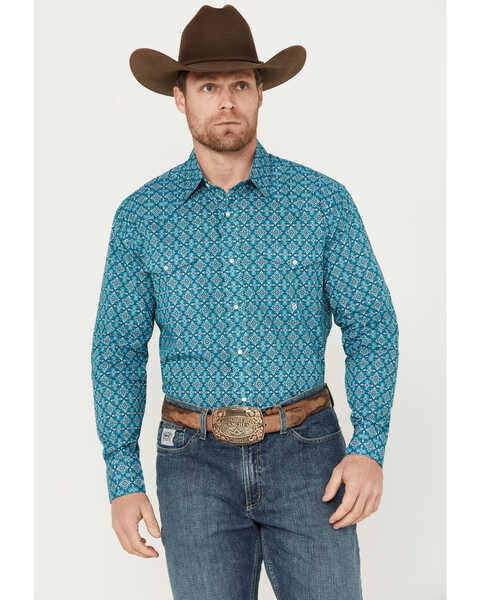 Roper Men's Amarillo Medallion Print Long Sleeve Western Snap Shirt, Bright Blue, hi-res