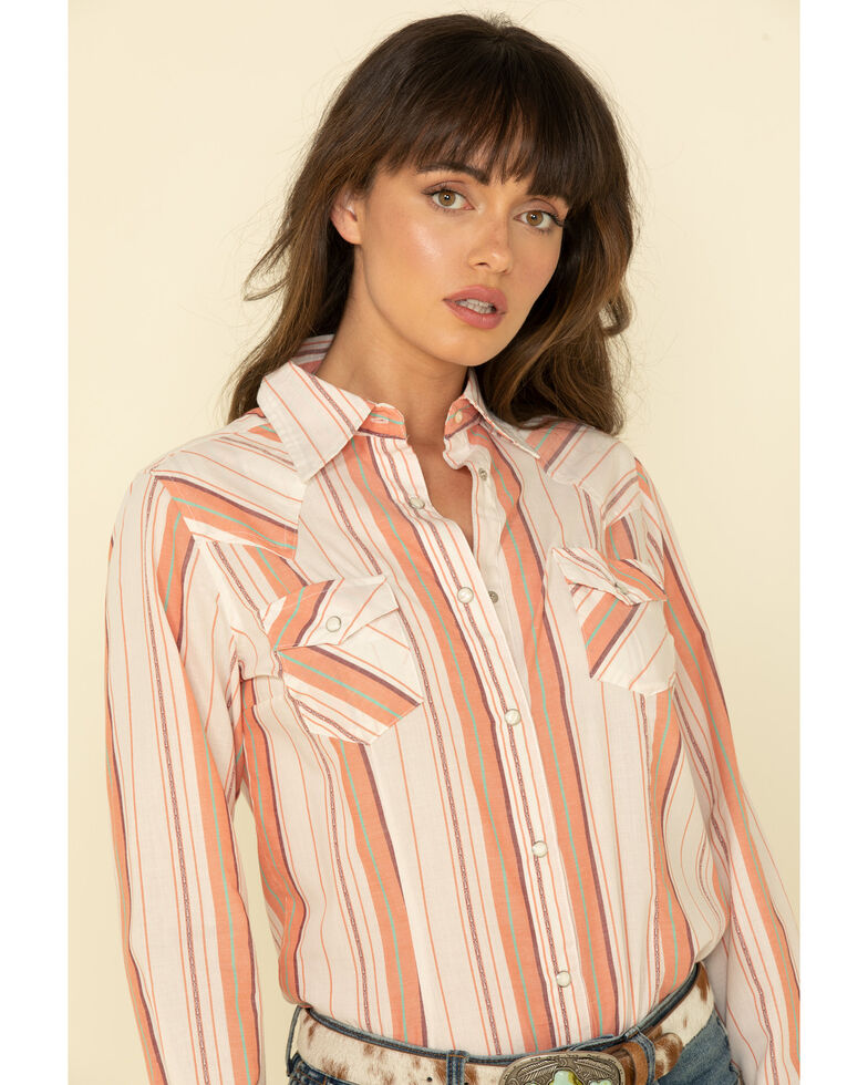 Wrangler Women's Ivory Peach Serape Stripe Long Sleeve Western Shirt, Peach, hi-res