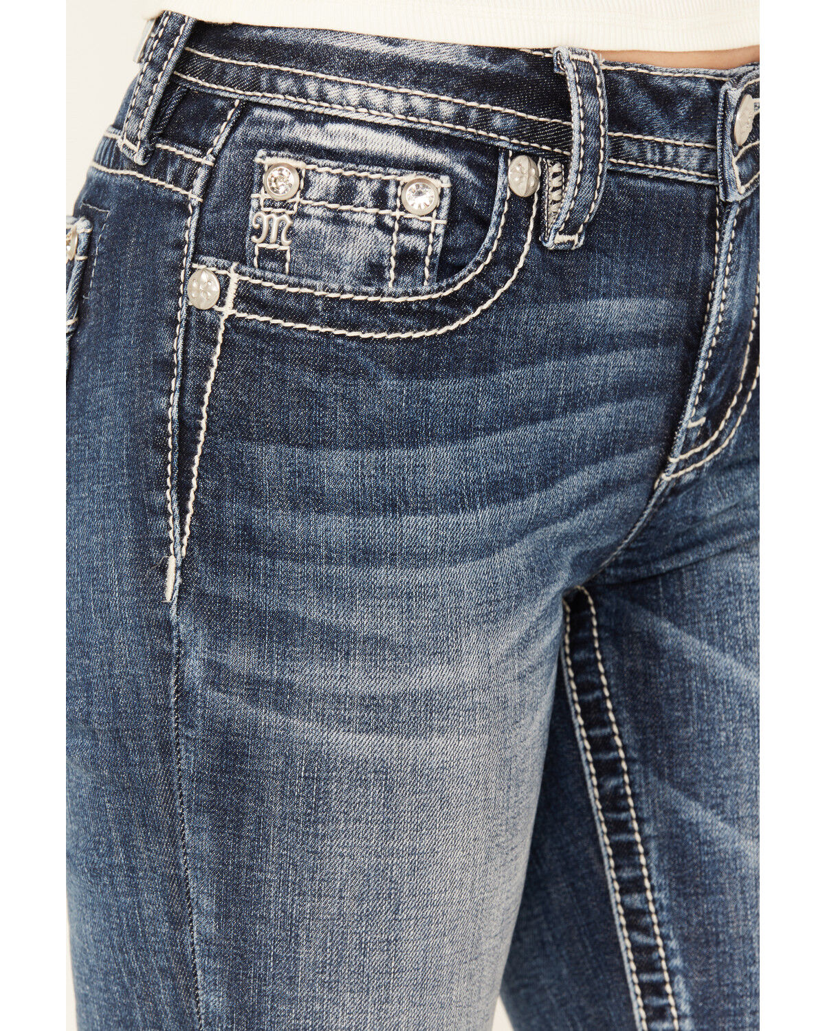 Image #4 - Miss Me Women's Dark Wash Mid Rise Bootcut Stretch Denim Jeans, Dark Wash, hi-res