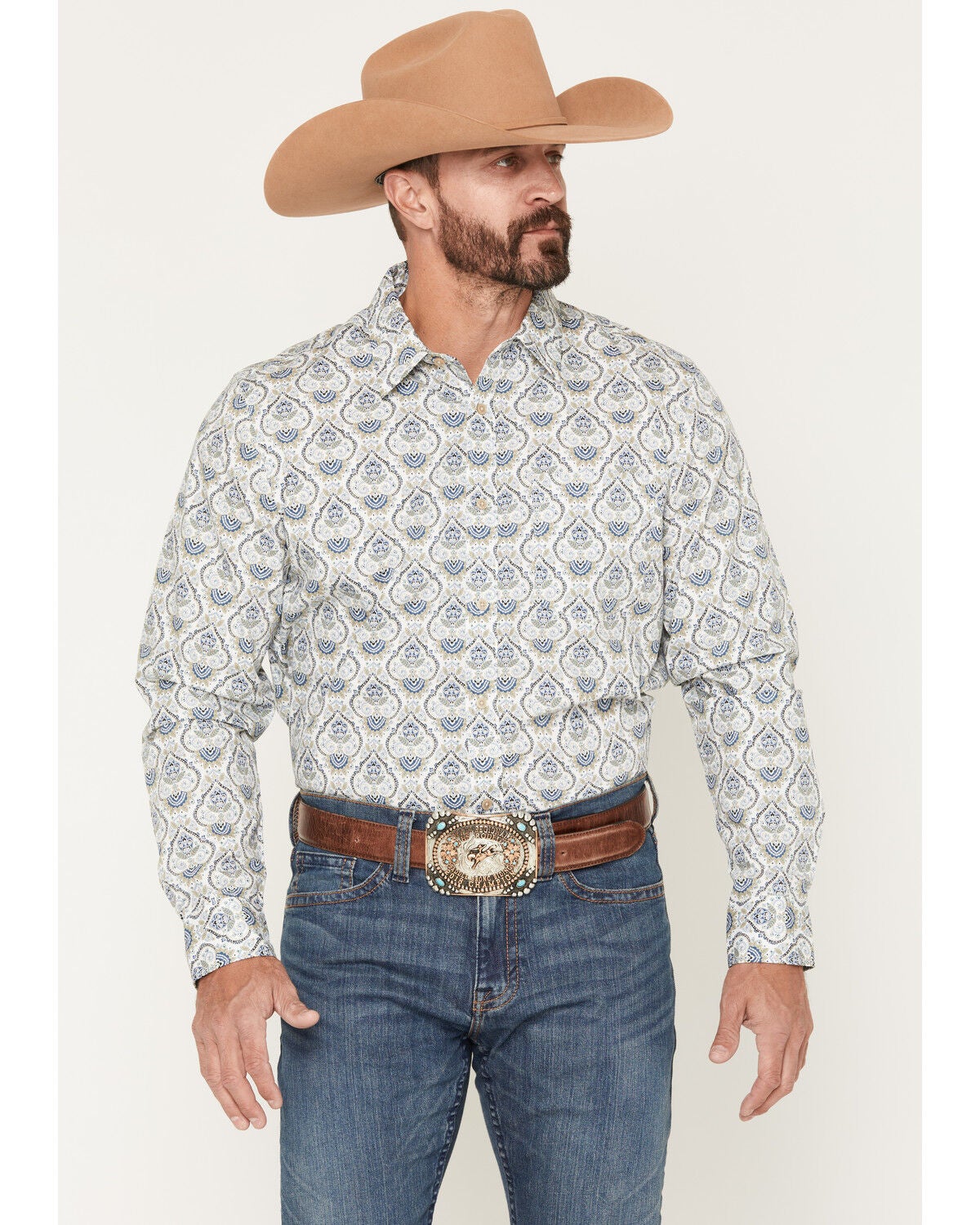 Image #1 - Gibson Trading Co Men's Barely Broke Medallion Print Long Sleeve Button-Down Western Shirt, Blue, hi-res