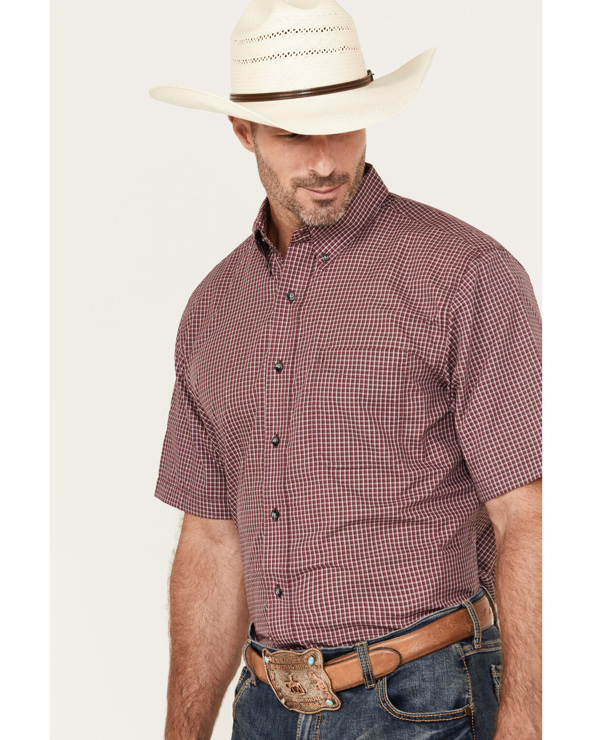 Image #7 - Wrangler Riata Men's Boot Barn Exclusive Assorted Plaid Print Short Sleeve Button-Down Stretch Western Shirt, Multi, hi-res
