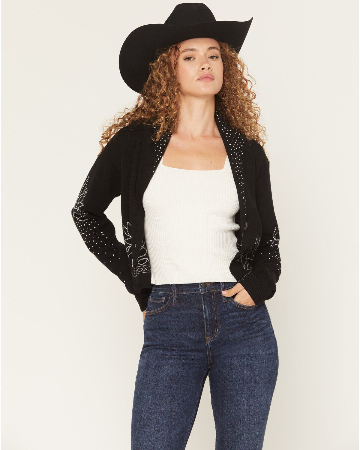 Idyllwind Women's Pierce Embellished Cropped Button-Down Sweater, Black, hi-res