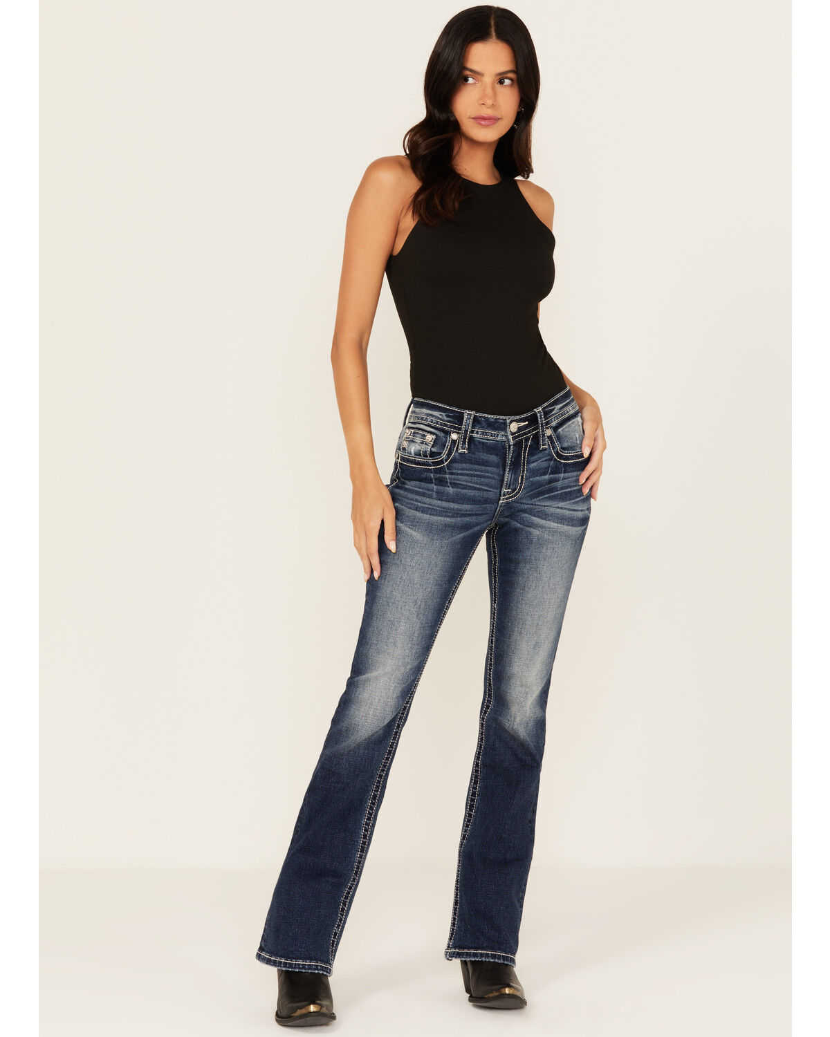 Image #3 - Miss Me Women's Dark Wash Mid Rise Geo Pocket 32" Bootcut Stretch Denim Jeans, Dark Wash, hi-res