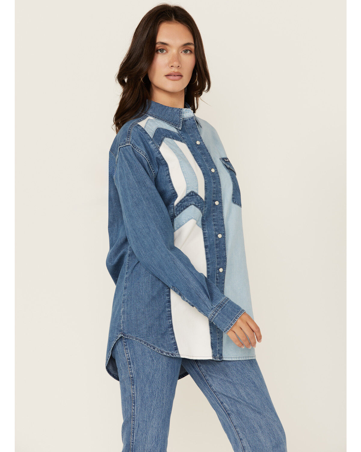 Image #1 - Wrangler Retro Women's Color Block Denim Long Sleeve Snap Western Shirt, Blue, hi-res