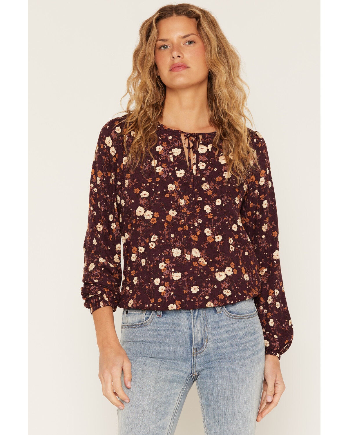 Idyllwind Women's Lynnbrook Floral Print Long Sleeve Blouse, Wine, hi-res