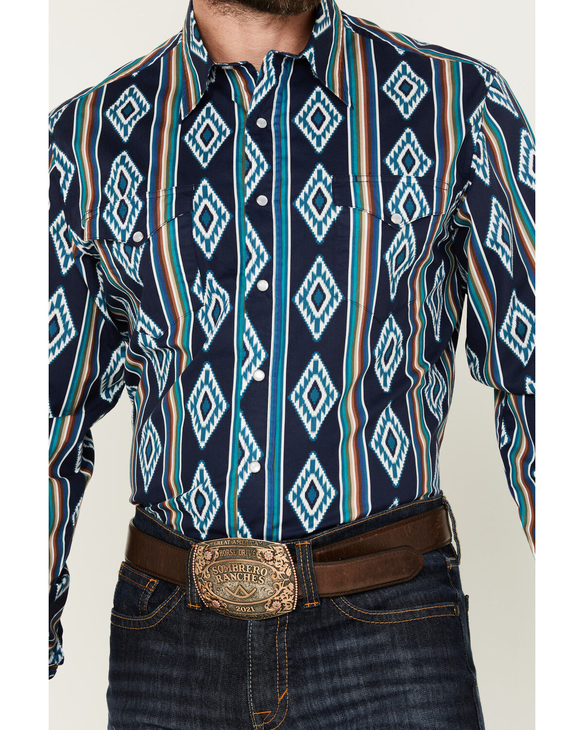 Image #3 - Roper Men's Vintage Southwestern Striped Print Long Sleeve Pearl Snap Western Shirt, Dark Blue, hi-res