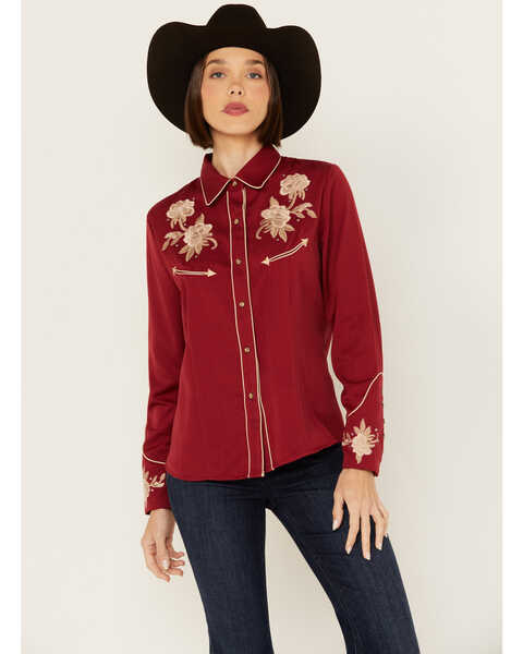 Scully Women's Floral Embroidered Long Sleeve Snap Western Shirt, Red, hi-res
