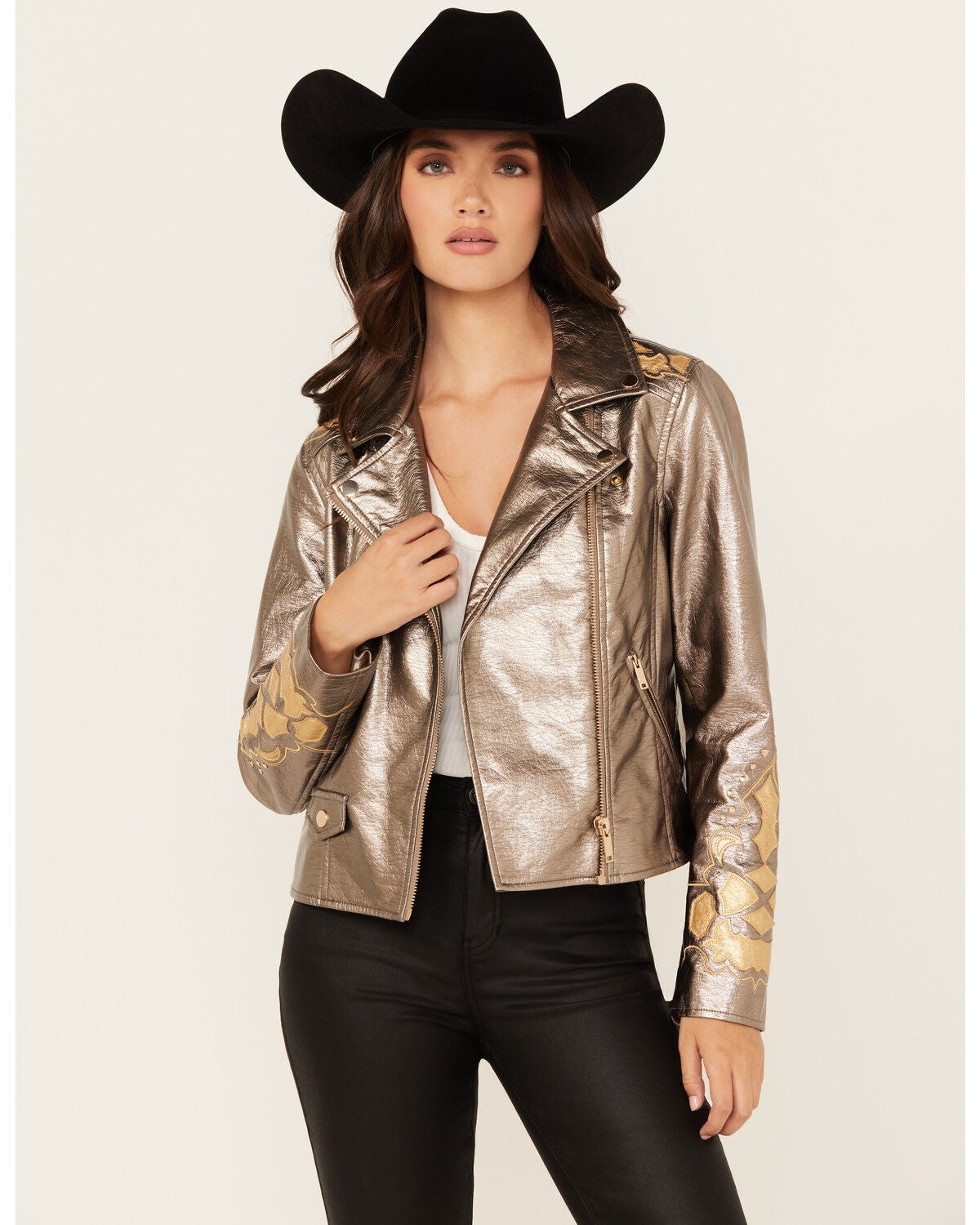 Stoosh Women's Metallic Faux Leather Moto Jacket, Silver, hi-res